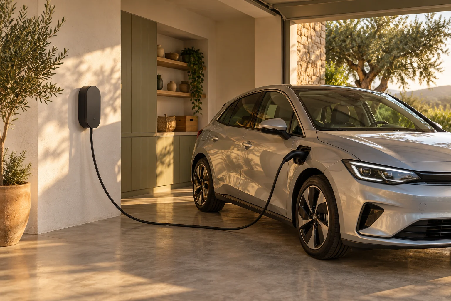 Ilustración de un coche eléctrico cargando en un garaje doméstico